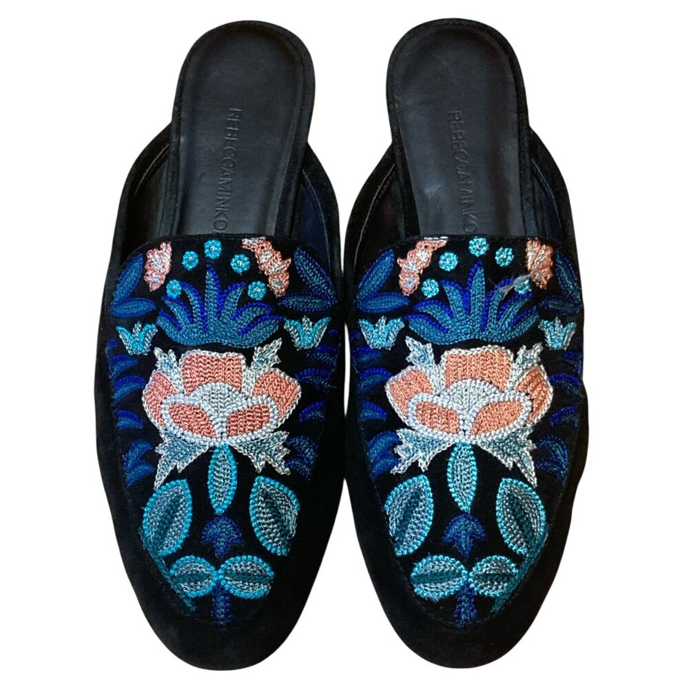 Rebecca Minkoff Embroidered Velvet Floral Mule Flats Black Size 8, Leather sole